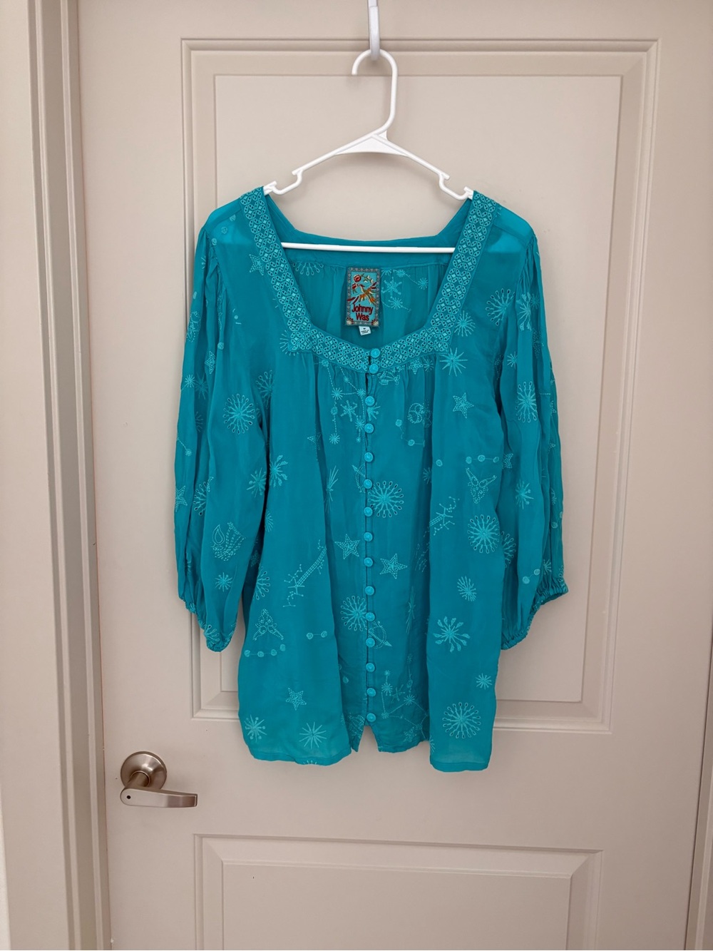 Johnny Was Teal Embroidered Button-Front Peasant Top Size M - Picture 3 of 5